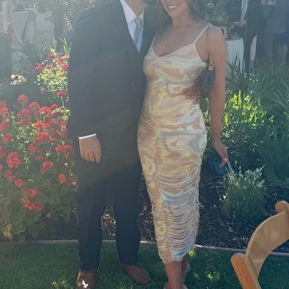 AFRM LOS ANGELES Aloisa Ruched Mesh Midi Slipdress in SKY MARBLE - Picture 4 of 5